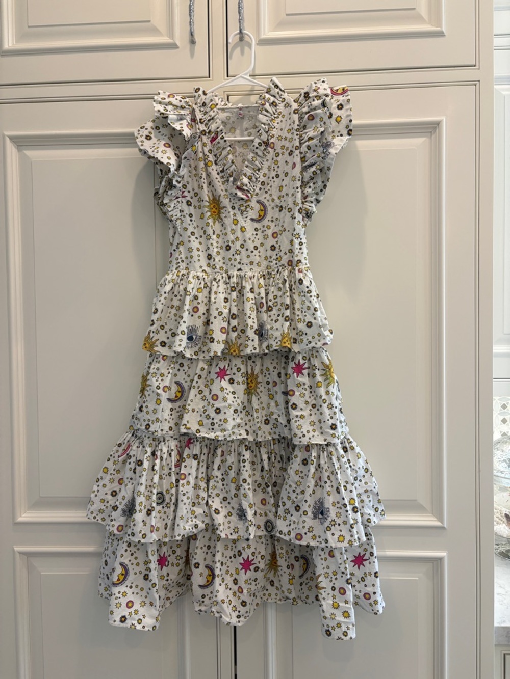 CeliaB White Tiered Maxi Dress with Sun, Moon & Star Print